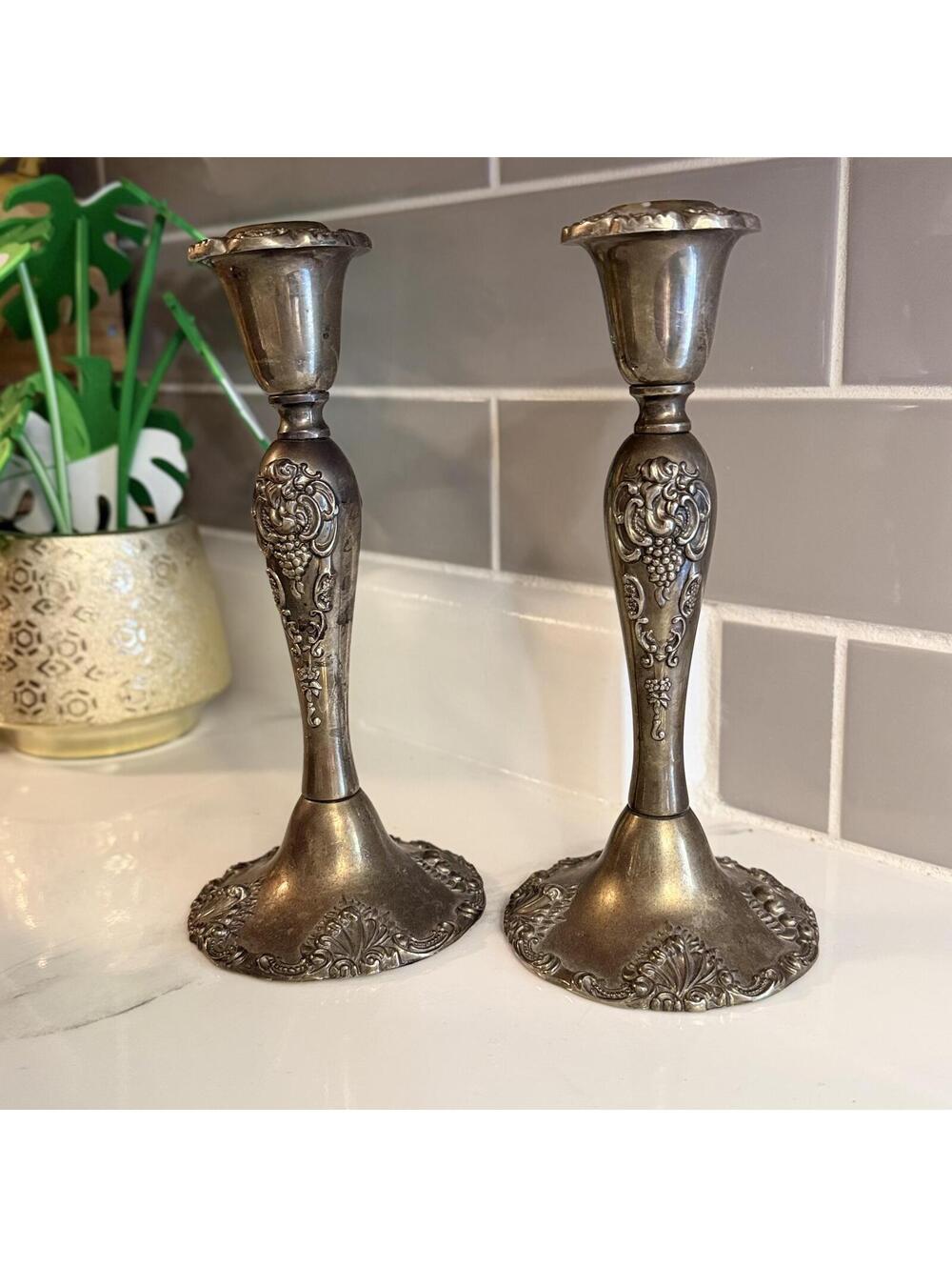Pair of Vintage Silver Tone Decorative Candle Holders